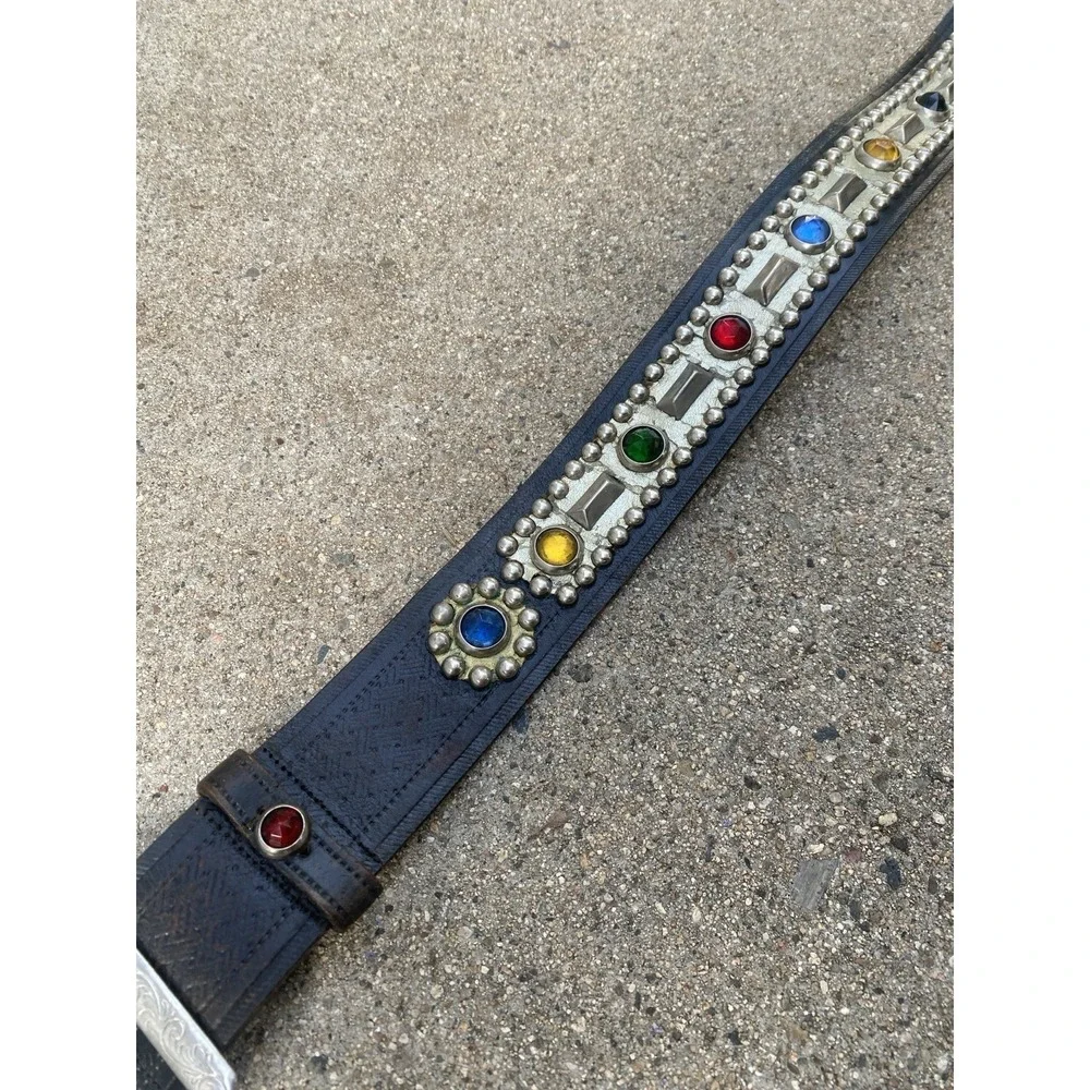 Vintage 40s 50s Studded Jeweled Rockabilly Belt Two-Prong Buckle Leather Black